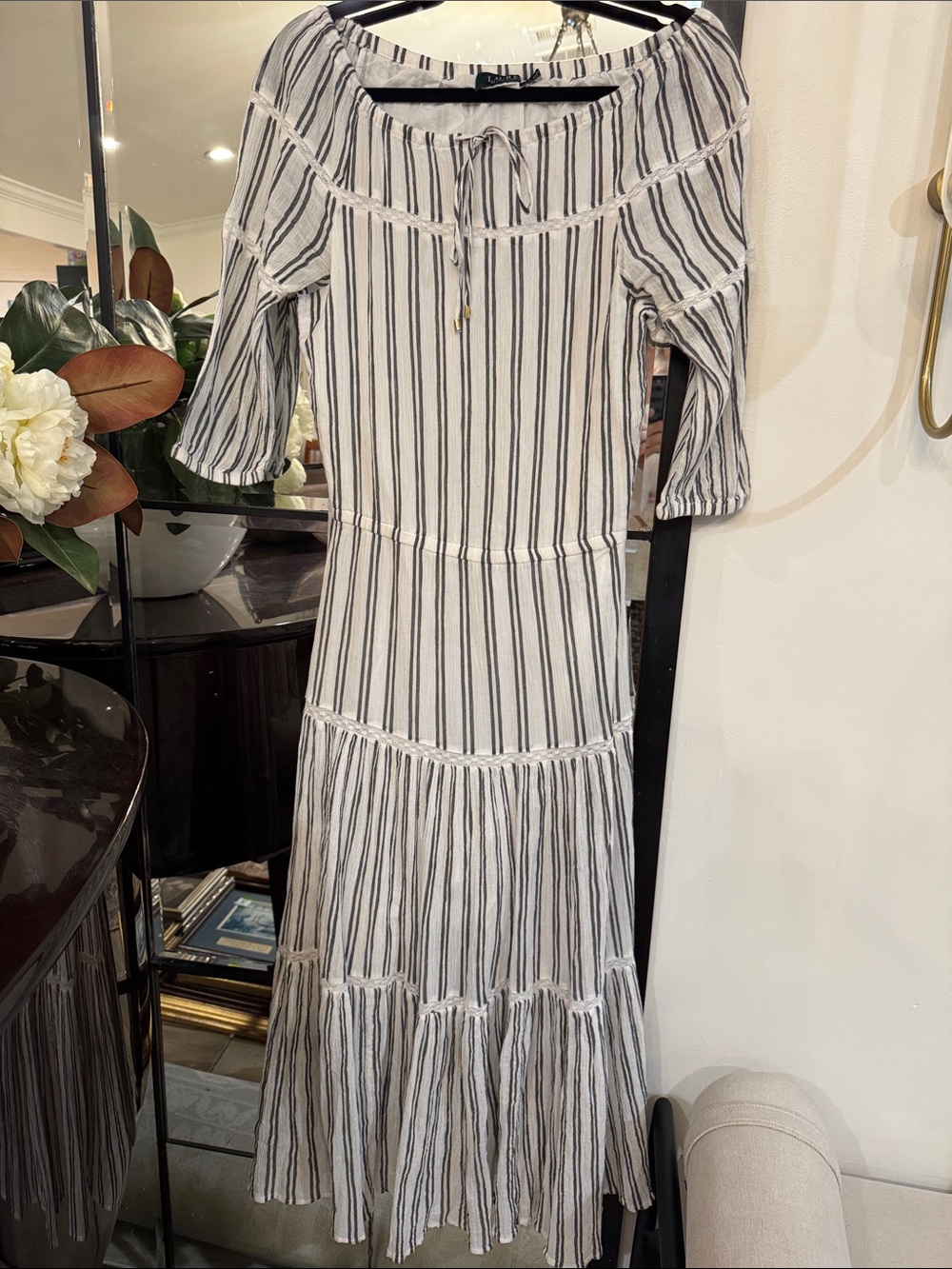 Ralph Lauren White off shoulder Maxi Dress with Black Vertical Stripes